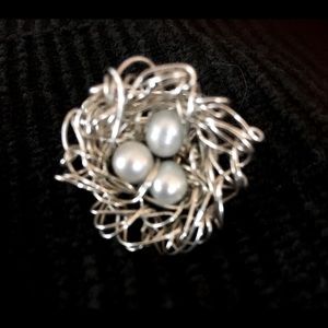 Artisan made Sterling Silver Ring Size 6.5 Nest/pearl eggs
